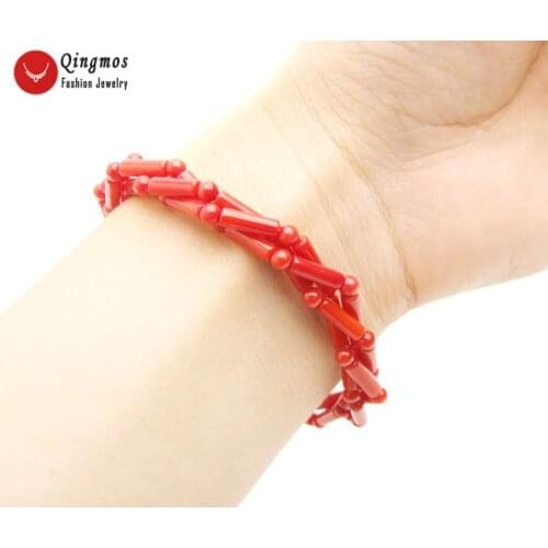 Qingmos Fashion 3*9mm Thick Slice Natural Red Coral Bracelets for Women with 3-4mm Round Coral Jewelry 3 Strands Bracelet 7.5