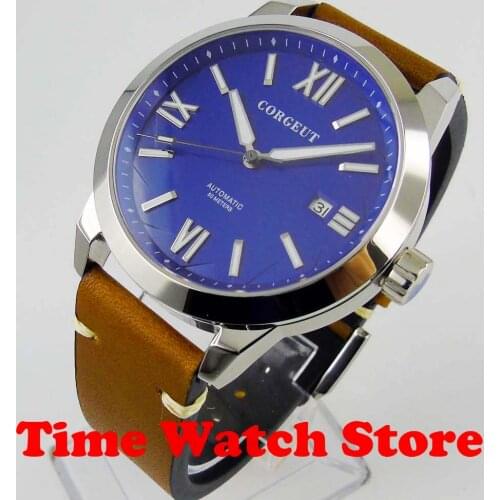 Corgeut 41mm Miyota 8215 5ATM automatic mens watch polished sapphire glass luminous blue dial waterproof