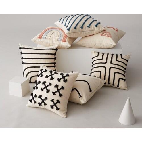 Home Decoration Rainbow Cushion Cover Black Stripe Pillow Cover Rope Embroidery Pink 45x45cm For Living Room Bed Room