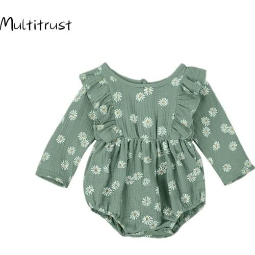 Baby Bodysuit Little Daisy Pattern Round Neck Long Sleeve Bodysuits Jumpsuit One-piece Suit for Toddler Girls 0-24M