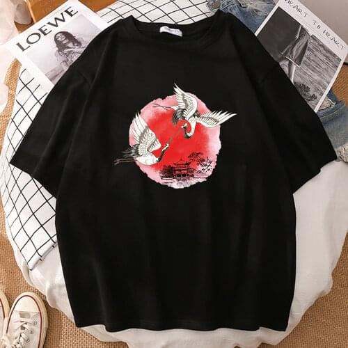 Japanese Double Crane Harajuku Print T-Shirt Womens Short Sleeve Big Size Korean Tshirts Female Harajuku Fashion Tee Top For Man
