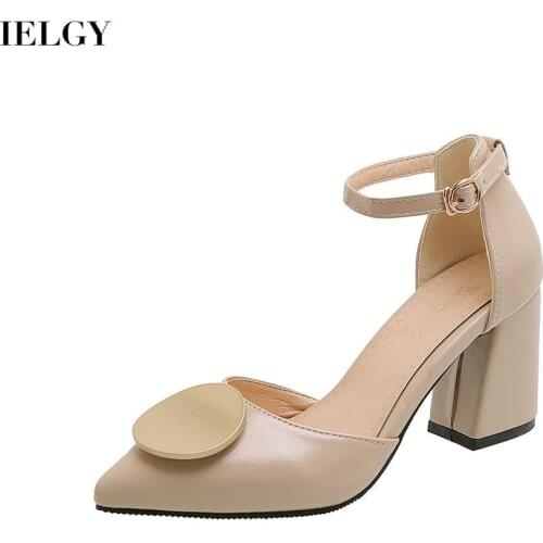 IELGY atmosphere Womens sandals large size simple Japanese style thick heel mid heel pointed toe solid color shallow mouth