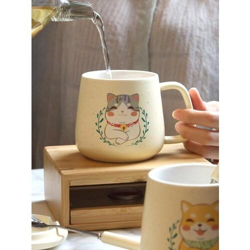 Coffee Mug Creative Cute Corgi Cat Printing With Spoon and Lid Couples Office Home Ceramic Milk Drinkware Cup Gift