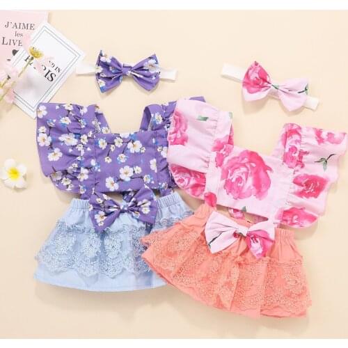 Baby girl clothes newborn baby romper summer flower bow one-piece cotton girl ass jumpsuit flying sleeve lace skirt baby romper