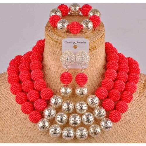 Red and siver necklace costume jewellry sets simulated pearl nigerian wedding african beads jewelry set FZZ92