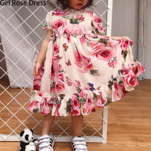 Summer Flower Girl Tutu Rose Silk 3D Dress Children Princess Rayon Dress Party Wedding Birthday Baby Girl Printed Dress For Kid