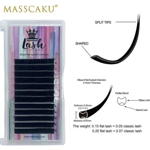 MASSCAKU Wholesales Professional Lash Flat Extensions with Private Label Tray of Ellipse Flat Lash for Makeup and Salon