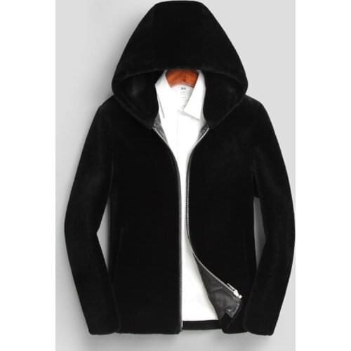 2021 New Winter Men Short Real Fur Coats Men Genuine Leather Jacket Thick Long Sleeve Hooded Fur Jacket Male Black Overcoat U23