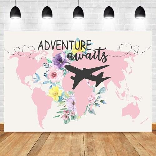 Oh The Places You'll Go Backdrop Adventure Awaits Bridal Shower Photography Background World Map Airplane Party Banner Decorate