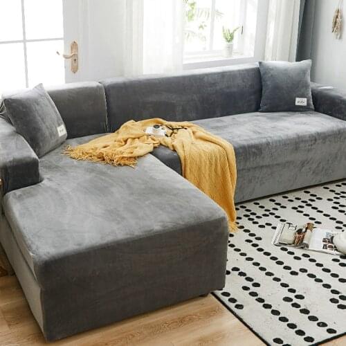 Plush Sofa Cover Velvet Elastic Solid Color Corner Sectional Living Room Couch Cover Set Armrest Towel L Shape Seat Slipcovers