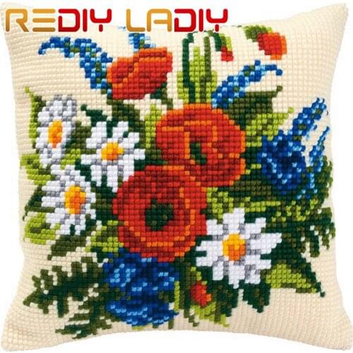 Cross Stitch Cushion Poppy with Daisy Chunky Yarn Cross-Stitch Kit Needlework Pre-Printed Canvas Pillow Home Decor Arts & Crafts