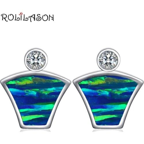 ROLILASON Mysterious art Silver stamped blue with green Fire Opal wedding Gift for women Stud Earrings Fashion Jewelry OE725