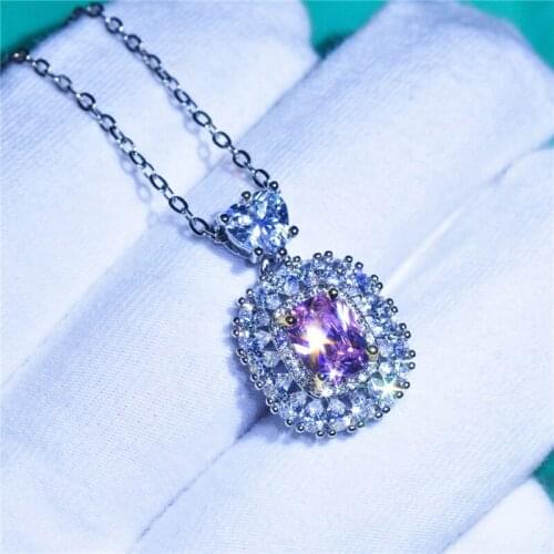 Luxury Crystal Pink Square Pendant Necklace For Women Jewelry Charm Heart Female Silver 925 Necklace Girl Clavicle Accessories