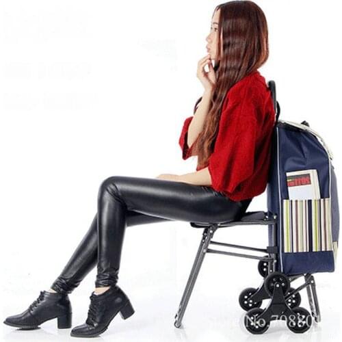 Stair Climbing Fold Utility Cart with Built-In Seat for Laundry Grocery Shopping Home Trolley with Fold Chair