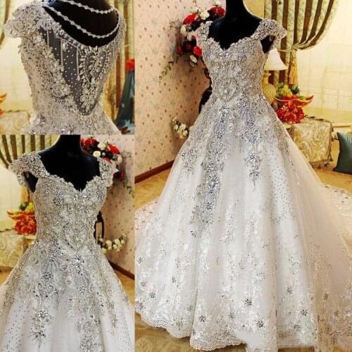 Bling Bling Heavy Beading Wedding Dresses Crystals Beaded princess church Bridal Gowns Lace Sweep Train Wedding Vestidos