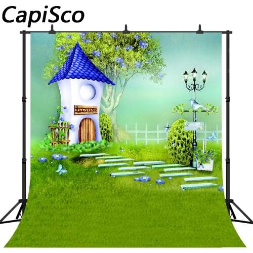Capisco Vinyl Fairytale House Photo Backdrop Trees Flowers bird Grassland Kids Children Scenery Photography Backgrounds