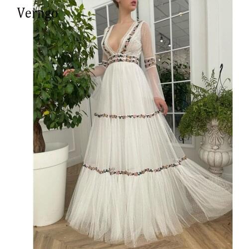 Verngo 2021 New Vintage Boho Lace Floral A Line Wedding Dress Long Sleeves V Neck Dotted Tulle Skirt Bohemian Bridal Gowns