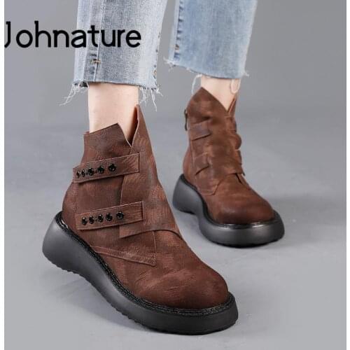 Johnature 2021 New Retro Shoes Women Boots Genuine Leather Zip Autumn Winter Round Toe Leisure Sewing Handmade Platform Boots