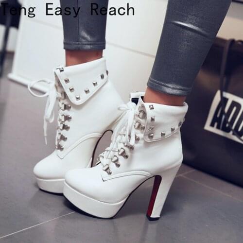 Woman Lace Autumn Boots Womens Ladies Chunky Wedge Platform Black Patent Leather Ankle Boots Punk Goth New Arrival 2021