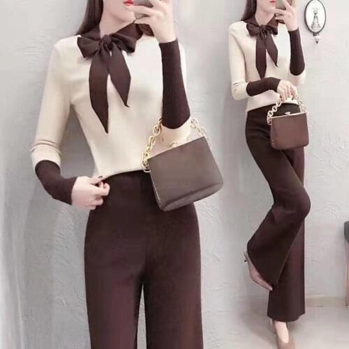 Autumn Winter Fashion Women Two Piece Set Knitted V-neck Long Sleeve Sweater + Wide Leg Pants Suit Office Ladies Work Wear Y477