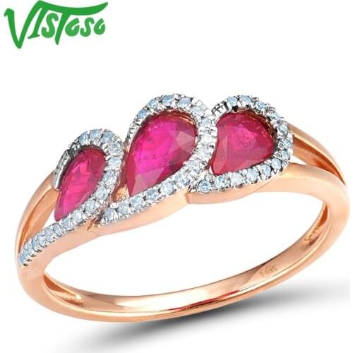 VISTOSO 14K 585 Rose Gold Fancy Ruby Glittering Diamond Ring For Women Wedding Engagement Anniverary Trendy Luxury Fine Jewelry