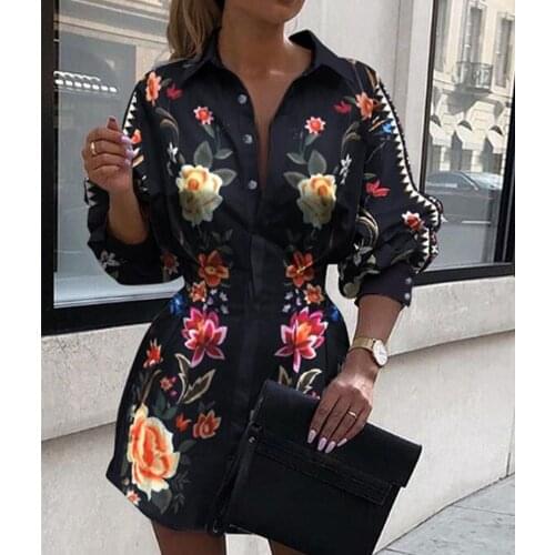 2020 Women Sexy OL V Neck Long Sleeve Shirts Dress Flower Print High Waist Button Down Mini Dress Casual Loose Elegant Dresses