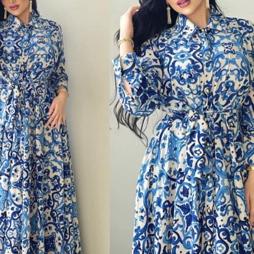 Elegant Floral Muslim Abaya Women Dress Autumn Long Sleeve Lapel Loose Single Breasted Lace Up Casual Muslim Clothes Plus Size