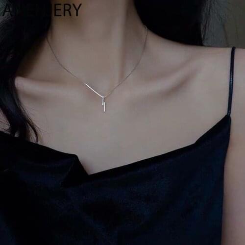 ANENJERY 925 Sterling Silver Geometric Strip Clavicle Chain Necklace Cubic Zircon Pendant Necklace For Women S-N527