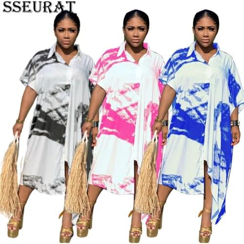 SSEURAT Plus Size Tie Dye Print Loose Dress for Women Vintage Streetwear Short Sleeve Casual Blouses Style Dresses