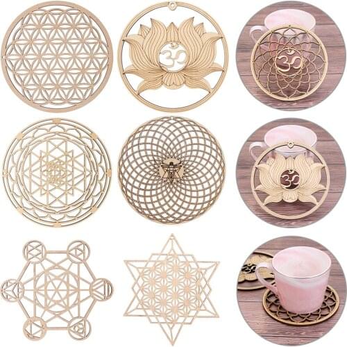1Pcs Wooden Coaster Round Carved Flower Of Life Energy Cup Mat DIY Home Table Decor Heatproof Placemat Laser Cut Crafts Coaster