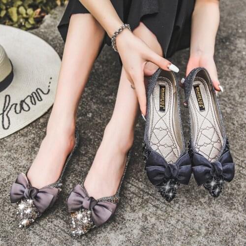 2020 Silk Butterfly-knot crystal pointed toe ballet flats woman loafers shallow women shoes bling slip on moccasins size 35-43