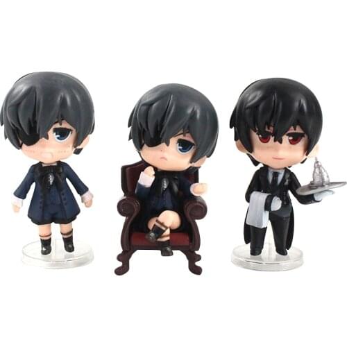 3pcs/set 10cm Black Butler Kuroshitsuji Ciel Sebastian Michaelis Q Version Cute Figure Toys PVC Model Dolls