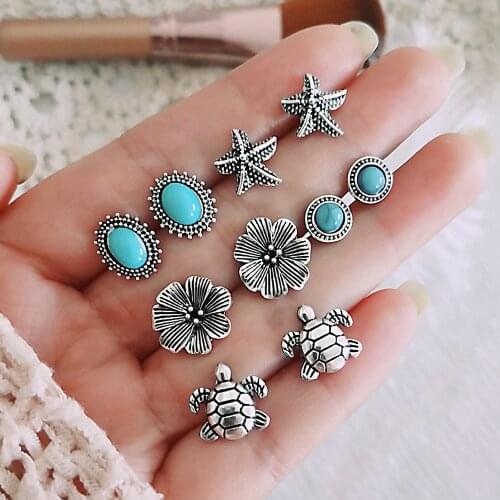 5 Pairs/Set Boho Turtle Flower Star Stud Earrings for Women Crystal Stone Boucle D'oreille Party Jewelry Dazzling Brincos 2020