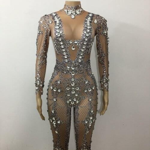 Sparkly Crystals Jumpsuit Big Rhinestones Stretch Bodysuit Performance Womens Birthday Celebrate luxurious Sexy Costume Wear