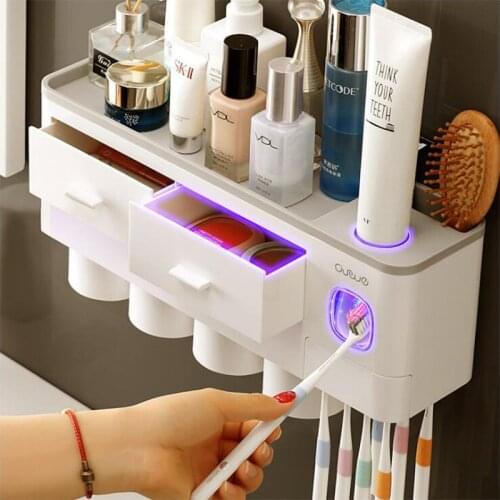 Toothbrush Holder Bathroom Accessories Set Wall Mount Storage Rack Toiletries Storage Toothpaste Dispenser With Cup