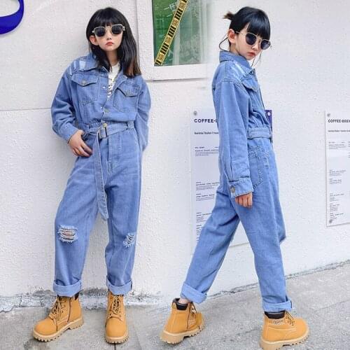 Fashion Denim Jumpsuit Set For Girls Jeans Suits Ripped Pants Casual Long Sleeve Loose Bodysuit 8 10 12 Years Childrens Clothes