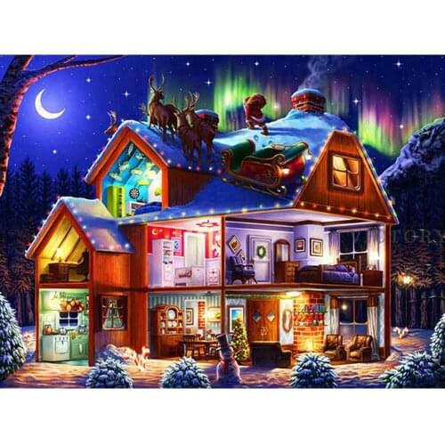 5D Diamond Painting Christmas House Beautiful Natural Scenery At Night Diamond Painting Fantasie Colorful House Poster Wall Deco