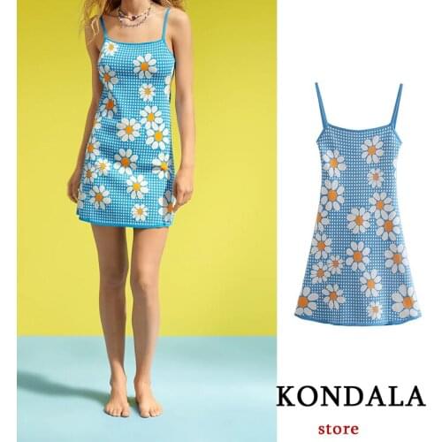 KONDALA Za 2021 New Summer Sunflower Print Dress Women Blue Holiday Slim Sleeveless Sling Mini Beach Dress Sweet Mujer Vestidos