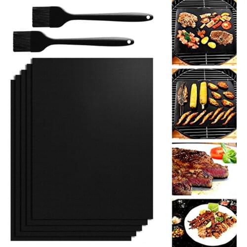 Grill Mats Reusable Non-Stick Heat-Resistant BBQ Barbecue Pad Sheet with Silicone Brushes for Picnic Cooking Baking Tool