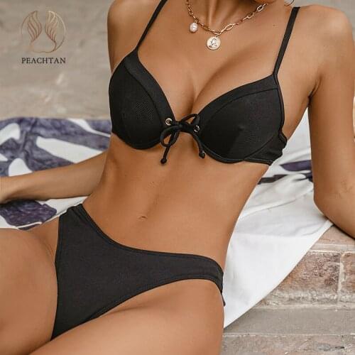 Peachtan Triangle bikini set Black swimwear female High cut swimsuit women Ribbed bathing suit Sexy 2 pieces set swim suit 2021