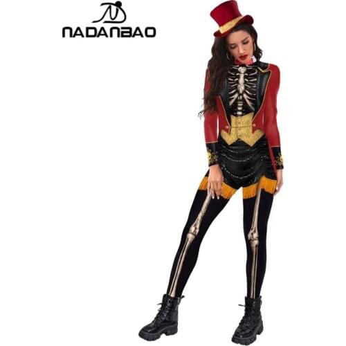 NADANBAO 2021 Halloween New Jumpsuit Womens Bodycon Circus One-Piece Suits 3D Skeleton Print Catsuit For Adult Cannival Costume