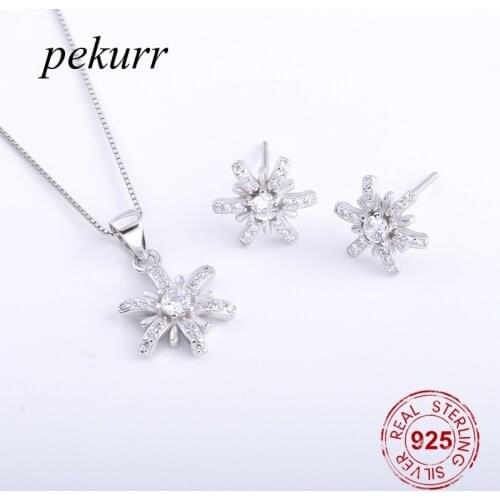 Pekurr 925 Sterling Silver Zircon Dandelion Clove Flower Earrings Necklace Sets For Women Star Pendants Party Jewelry Sets
