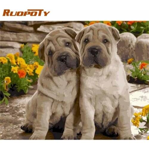RUOPOTY Frame Two Dogs DIY Painting By Numbers Kits By Numbers Animals Modern Wall Art For Living Room