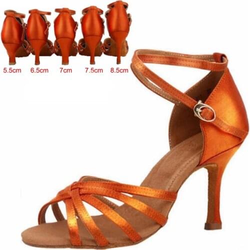 Women Latin Dance Shoes Satin Sandal Ladies Girls Salsa Tango Ballroom Dancing Shoes Soft Sole High Heels 5cm/6cm/7cm/8 cm DS029