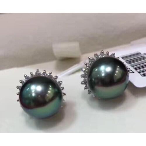 10-11MM natural tahitian pearl stud earring 18K white gold with diamond fine women jewelry a little spots free shipping