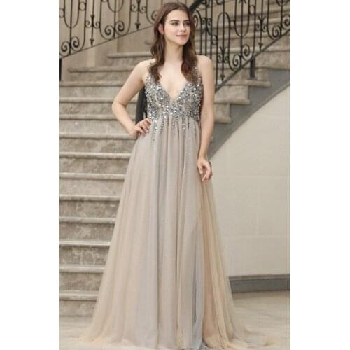 Gorgeous Evening Dresses Sevy Neck Sleeveless Backless Pleats Tulle with Beading Sequins Prom Dresses