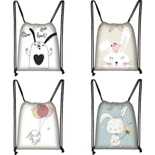 Cute Rabbit Print Drawstring Bag Women Travel Bag Teenager School Bag Brown Girl And Boy Backpack Fashion Female Storage Bags K