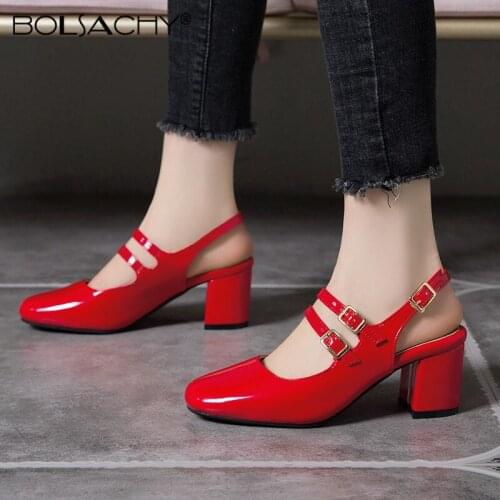Spring Women Pumps Thick High Heel Mary Janes Shoes Round Toe Autumn Office Dress Party Bridal Red Lady Shoes Big Size 32-43
