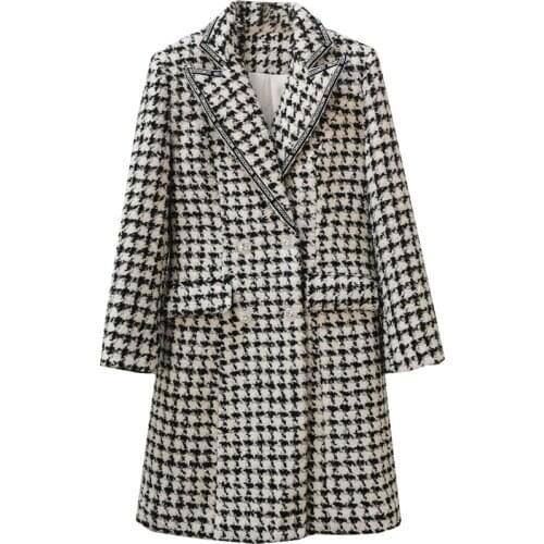 French style vintage winter Houndstooth woven thick woolen coat women mid-length slim double breasted ol overcoat