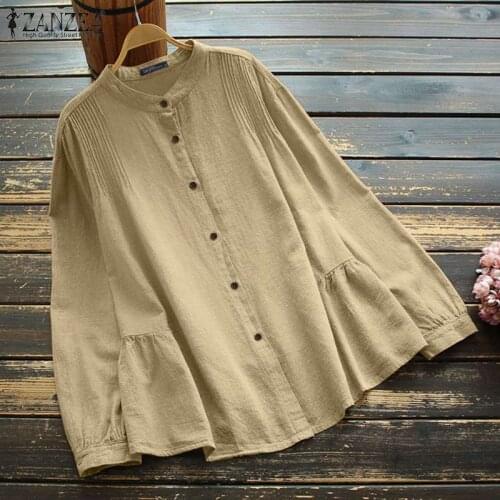 Vintage Pleated Shirts Womens Spring Blouses ZANZEA 2021 Casual Long Sleeve Blusas Female Solid Button Tunic Plus Size Chemise